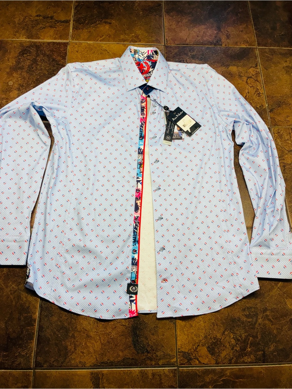 NWT Au Noir Men's Light Blue Printed Dress Shirt